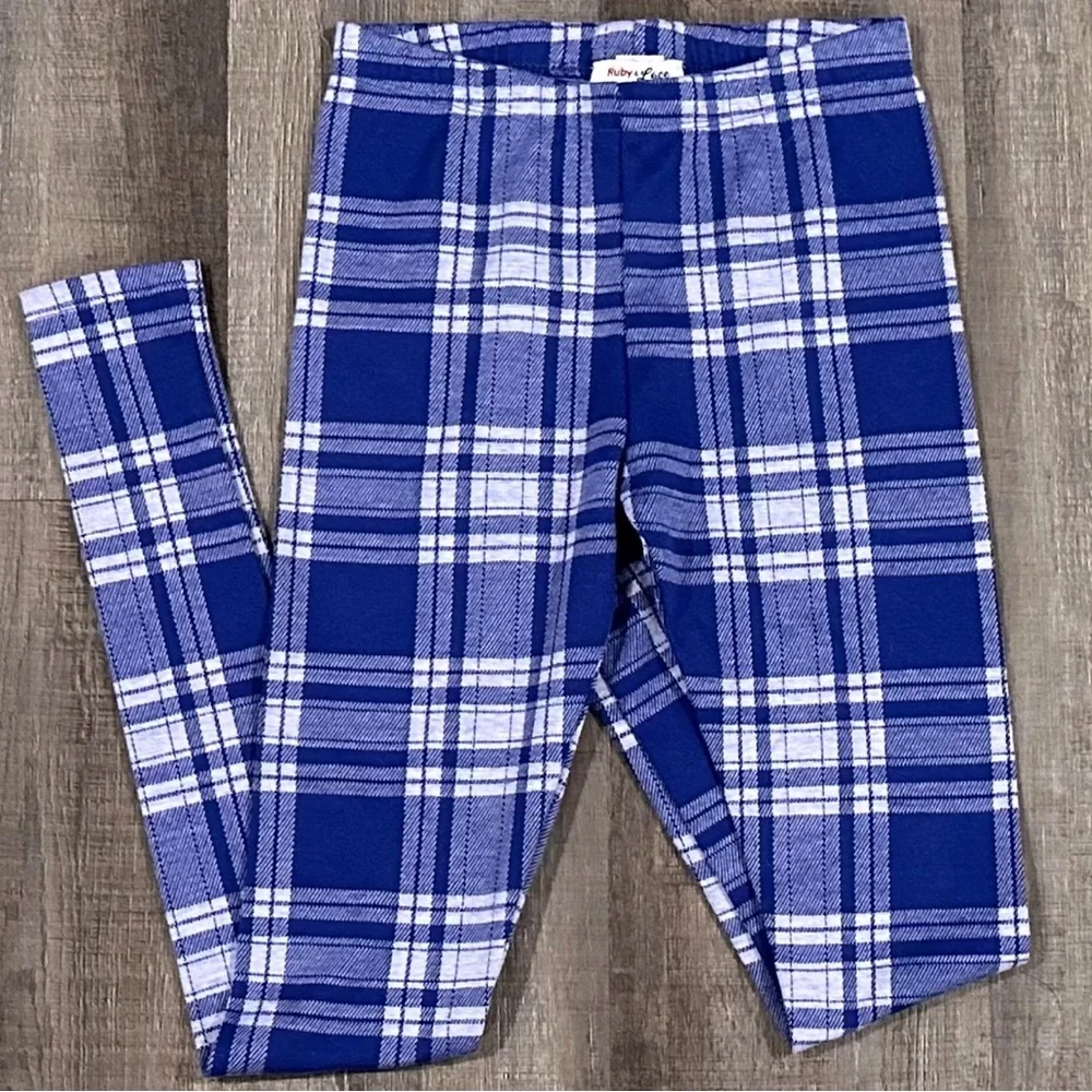 💞 Kids Medium Double Knit Blue Plaid Leggings